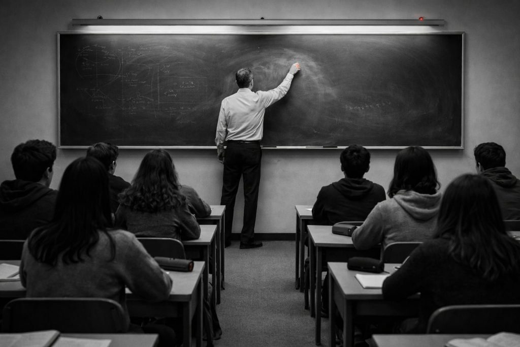 profesor stergand tabla intr-o sala de curs, studentii vazuti din spate, alb negru.