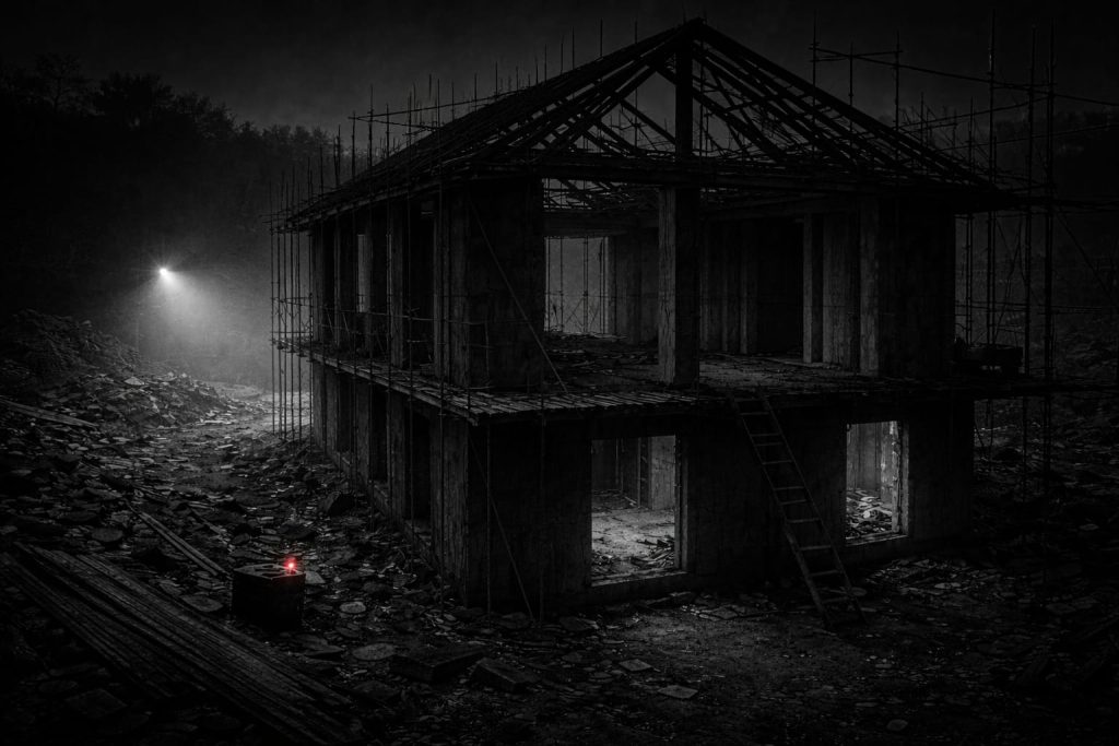 o casa neterminata, pe timp de noapte, cu schela si spatii neterminate, alb negru.