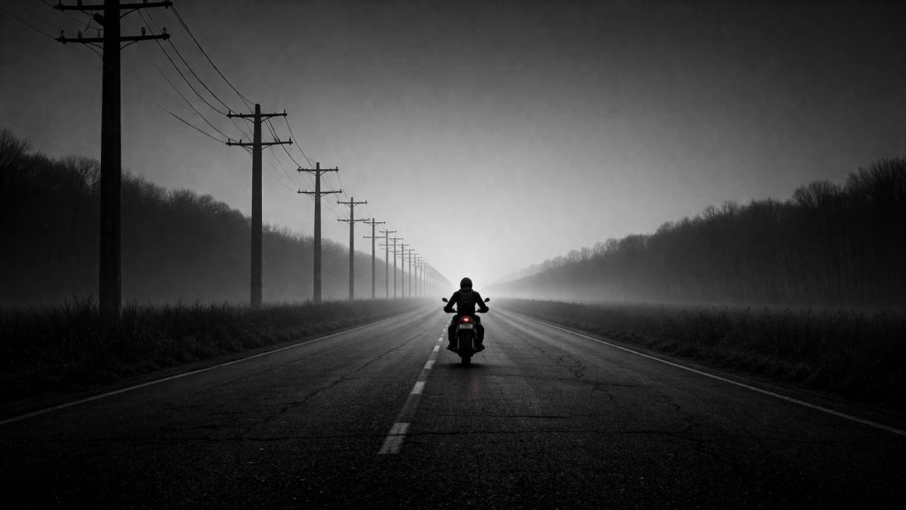 motocicleta pe drum drept, alb negru, stalpi de electricitate in perspectiva care se pierd in orizont