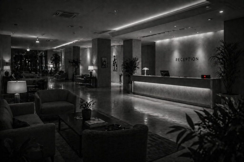 receptie de hotel goala, noaptea, alb negru